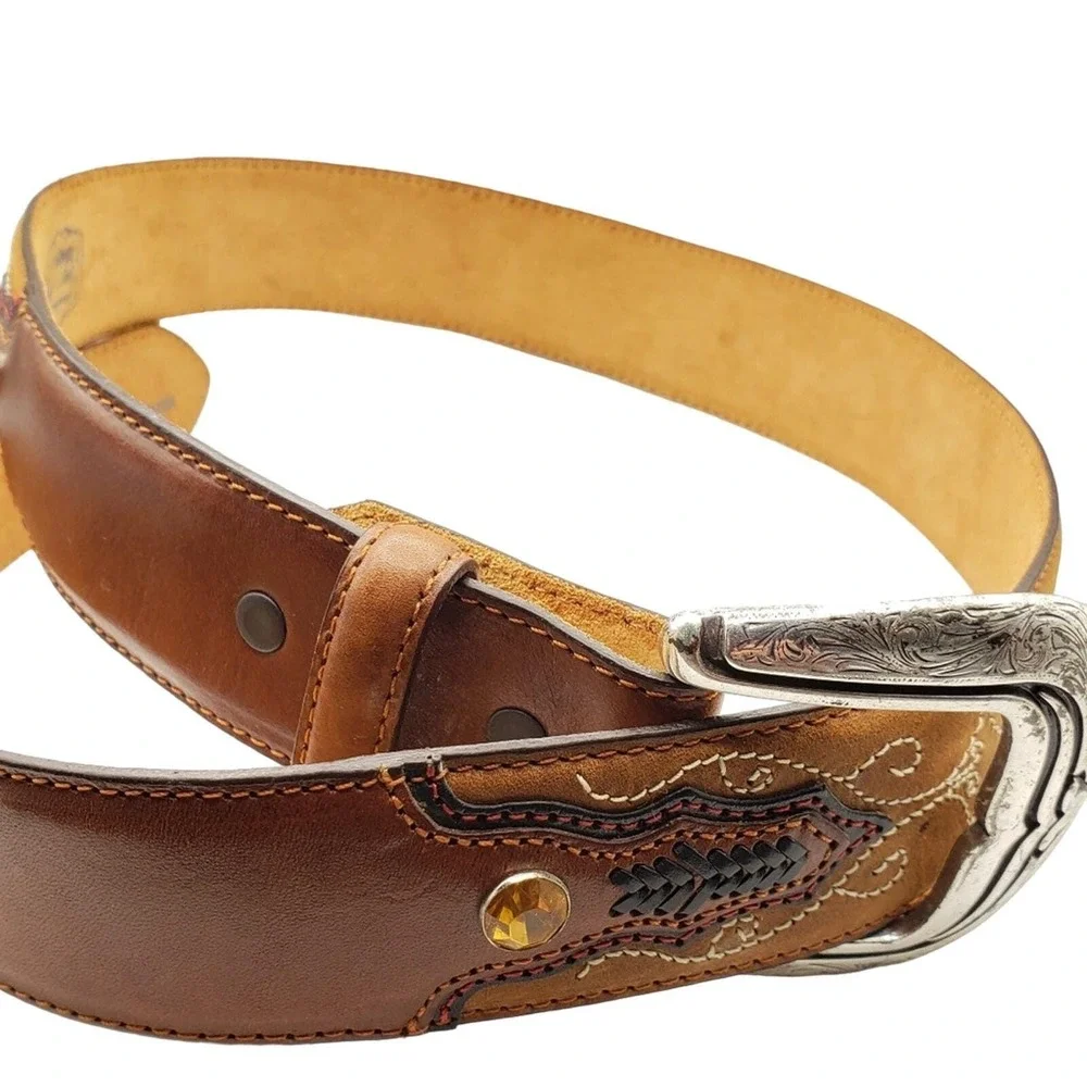 Tony Lama Brown Leather Belt 36 Topaz Crystal Stud Western Overlay Stitched Boho